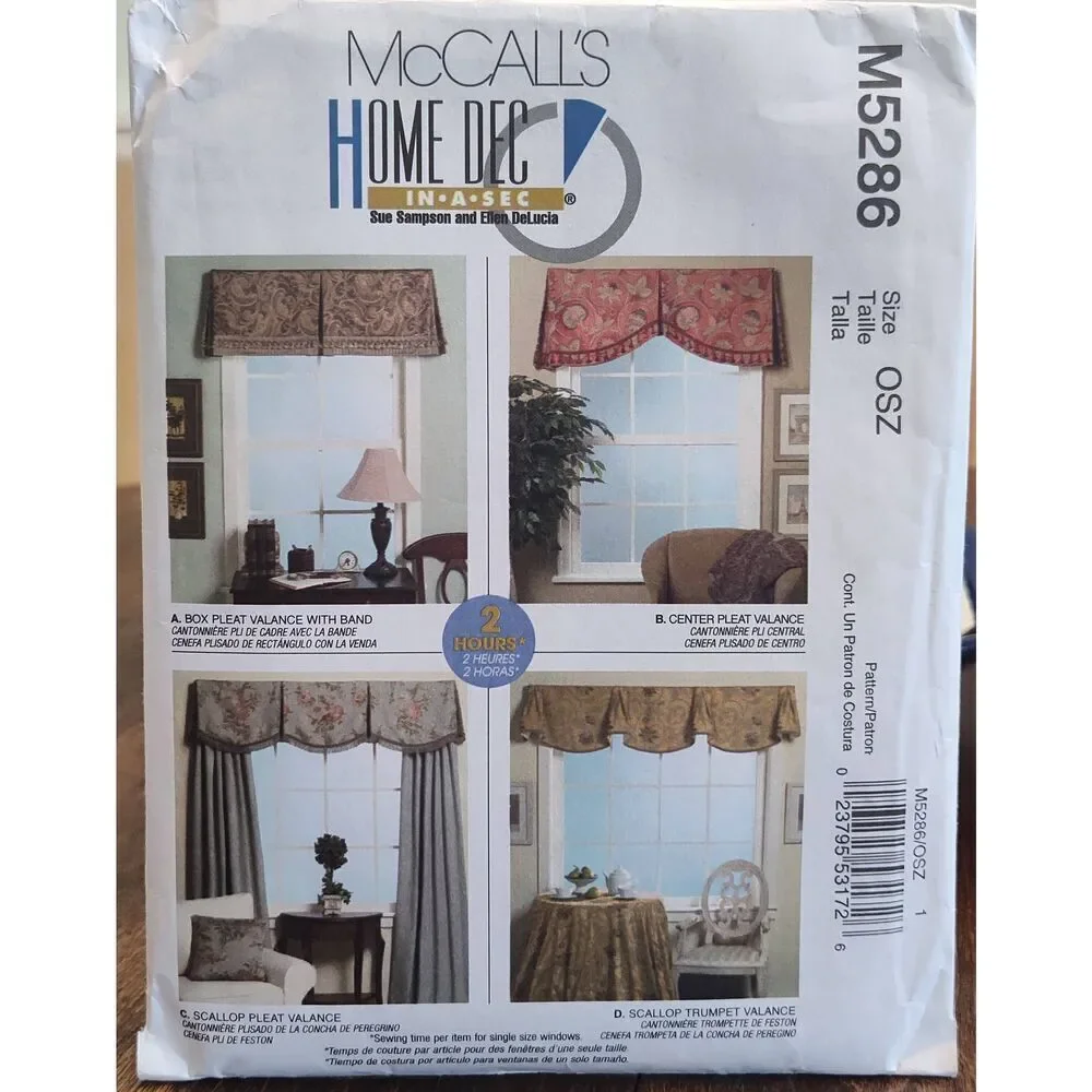 McCall's M5286 Valances 4 Styles Home Dec in a Sec Sewing Patterns UNCUT